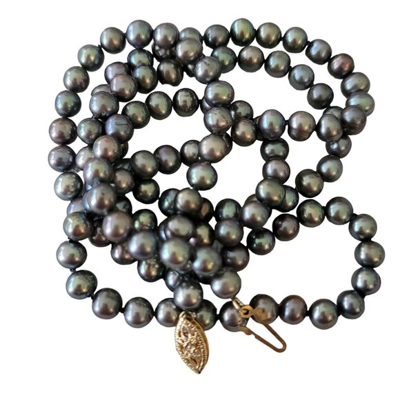 14K Yellow Gold Clasp Gray Peacock Fresh Water Knotted Pearls Strand 27"L, E864 - Picture 5 of 10